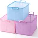 Wonderjune 3 Pcs Storage Basket Foldable Gift Baskets Rectangle Xmas Storage Bin Organizer Box with Handle for Family Cloth Toy Gifts (Unicorn Color)