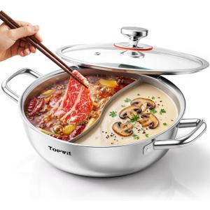 TOPWIT 3-Ply Construction 316 Stainless Steel Double-flavor Shabu Shabu Pot, 5.5QT Hot Pot with Divider, 11″ Dual Side Pot for Cooking, Hotpot for Induction Cooktop, Gas/Ceramic Cooktop, Hot Burner, 5.5 Quarts