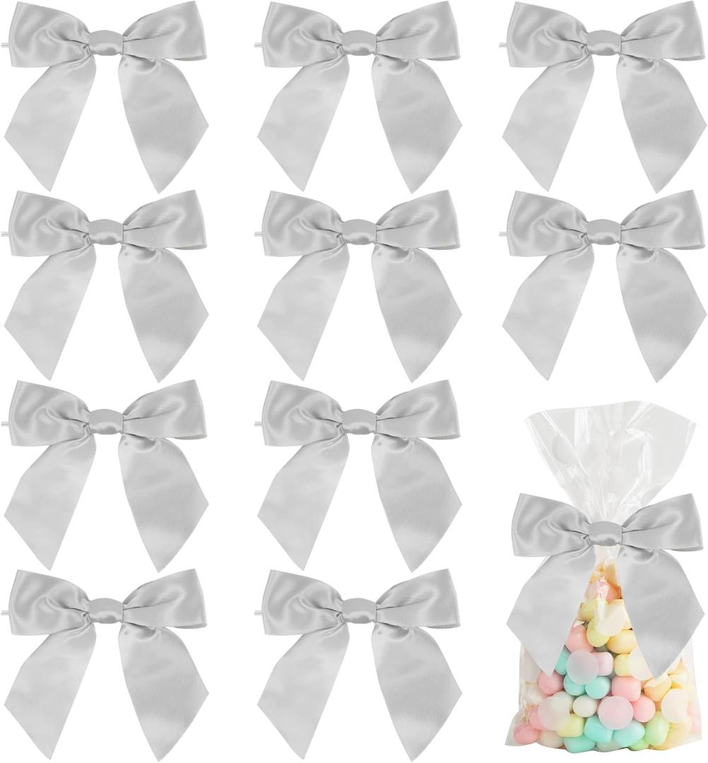 AIMUDI Satin Twist Tie Bows for Treat Bags 4.5" Pre-Tied Silver Bows with Twist Ties Gray Ribbon Bows for Crafts Premade Bows for Gift Wrap Christmas Tree Wedding Decor Party Favors Goodies - 36 PCs