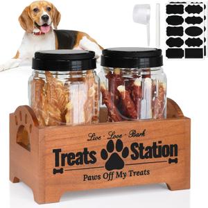 Dog Treat Container Dog Food Container for Dog Food Storage, Farmhouse Cat Food Container Pet Food Storage Organizer, Wood Dog Treat Holder with 2 Plastic Cat Dog Treat Jars, Brown Cat Treat Container