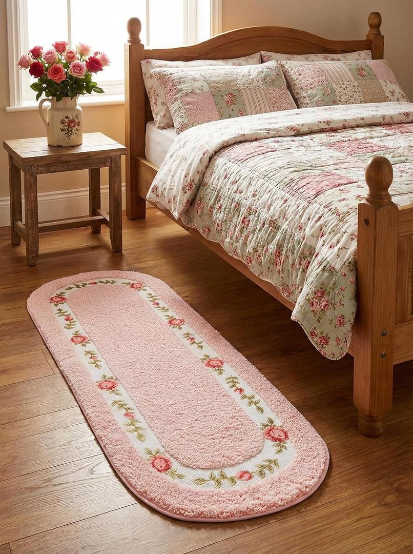 Stay Young Decorative Rose Flower Area Rug,Pink Bedroom Living Room Bathroom Rugs,Pink Bath Mat Kitchen Mat,Super Soft Non Slip,Floral Design Coquette Room Decor,17.71 x 49.21 Inch