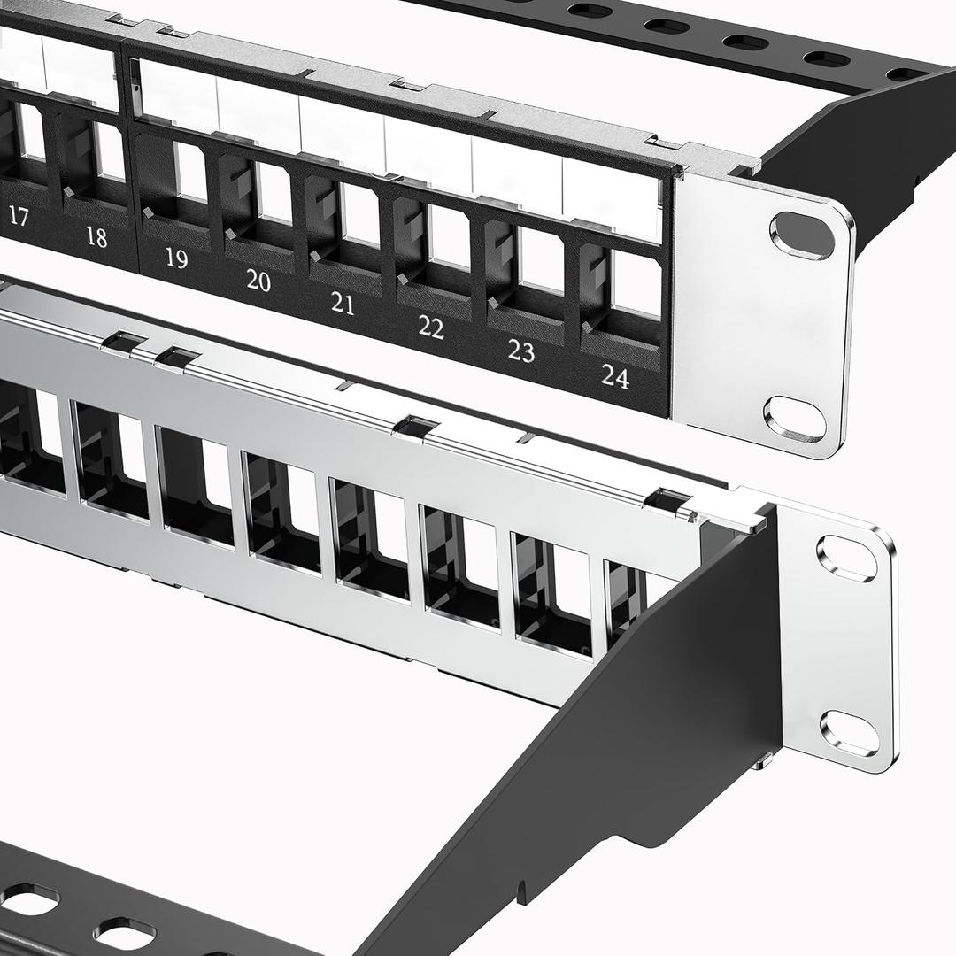 Jadaol 19” 1U Shielded Blank Patch Panel, 24-Port Rack Mount Keystone Panel for Cat6/Cat6a, HDMI, Coax, Fiber & Audio – Metal Frame (No Keystone Jacks Included)
