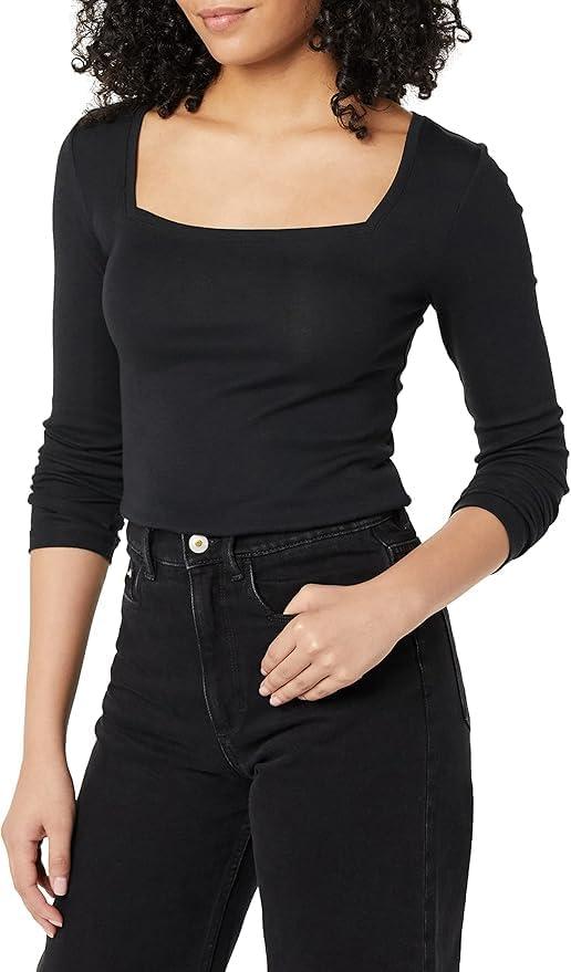 Amazon Essentials Women's Slim-Fit Long Sleeve Square Neck T-Shirt (Black, Small)