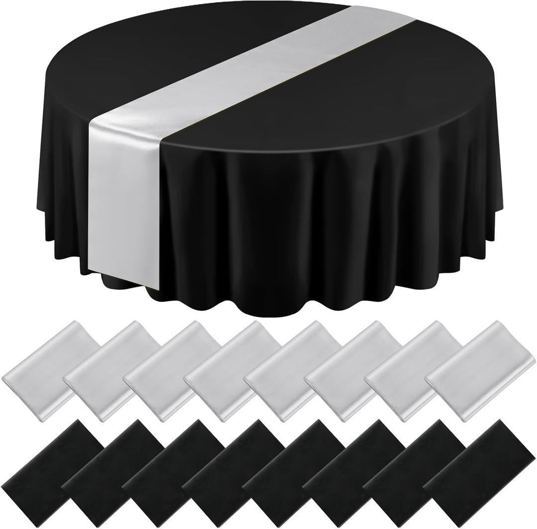 Tudomro 16 Pcs Black and Silver Round Plastic Tablecloth and Satin Table Runner Set 84 Inch Round Covers 12 x 108 Inch Table Runners for Christmas Wedding Birthday Party Baby Shower