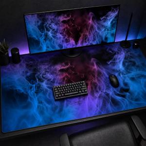48x24in XXL Gaming Mouse Pad, Abstract Smoke Desk Mat, Blue Purple Extended Desk Pad, Non-Slip Rubber Base Waterproof Large Mousepad for Gaming & Office Setup