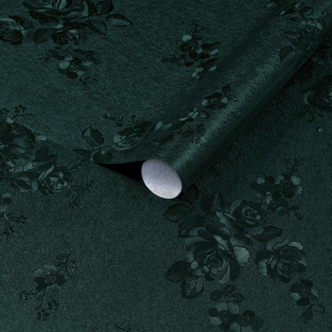 Dimoon 17.7''x236'' Green Peel and Stick Wallpaper Gothic Floral Wall Paper Contact Paper Closeout Renter Friendly Modern Self Adhesive Damask Cabinet Vinyl Roll(236''x17.7'', Green Floral Textured)