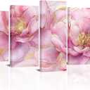 RyounoArt Pink and Gold Flower Wall Art Peony Flower Canvas Picture Painting Pink Floral Artwork for Bathroom Bedroom Wall Decor Framed Medium