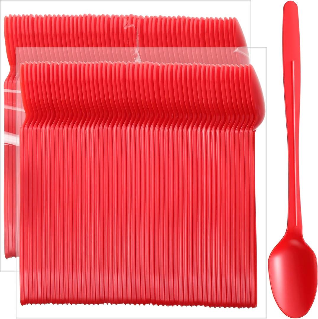 200 Pcs Extra Long Spoons for Ice Cream Floats Plastic Sundae Spoons Bulk 8 Inch Long Handle Spoon Heavy Duty for Ice Cream Milkshakes Tea Cocktails Root Beer Float and Tall Beverages (Red)