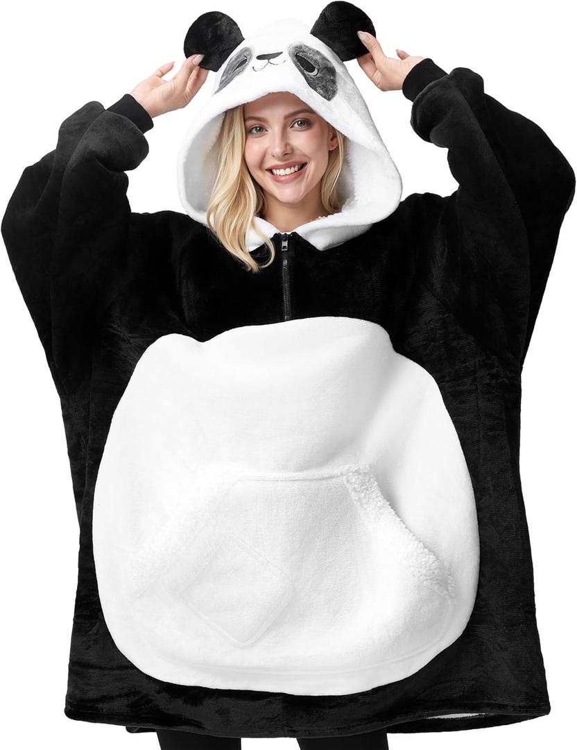 Giggling Getup Panda Wearable Blanket Hoodie - Oversized Soft Sherpa Fleece Hooded Blanket - Warm Cozy Plush Flannel Blanket Sweatshirt Gifts - with Giant Pocket and Sleeves for Adults Women Men (Black and White Panda)