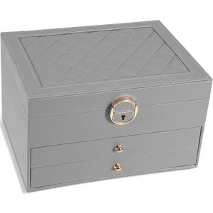 Jewelry Box for Women Girl Wife 3 Layers Large PU Leather Jewelry Organizer Storage Case with Two drawers Display for Earrings Bracelets Rings Watches (Grey)