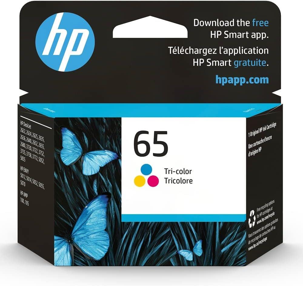 HP 65 Tri-color Ink Cartridge for HP Printers | Works with Printer Series: AMP 100, DeskJet 2600, 3700; ENVY 5000 | Eligible for Instant Ink | N9K01AN