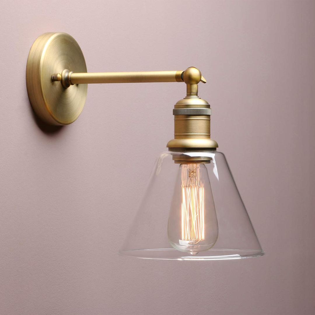 Yosoan Indoor Wall Sconce Fixture Light, 1-Light Modern Single Antique Brass Vintage Industrial Hardwired with Funnel Flared Clear Glass Shade Lamp for Bathroom Sink Porch Kitchen Living Room, (Antique) 