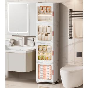 4-Tier Tall Narrow Bathroom Storage Cabinet with Doors and Adjustable Shelves Slim Foldable Cabinets with Wheels Small Spaces Plastic Organizers for Kitchen Laundry Room Bedroom Pantry,White