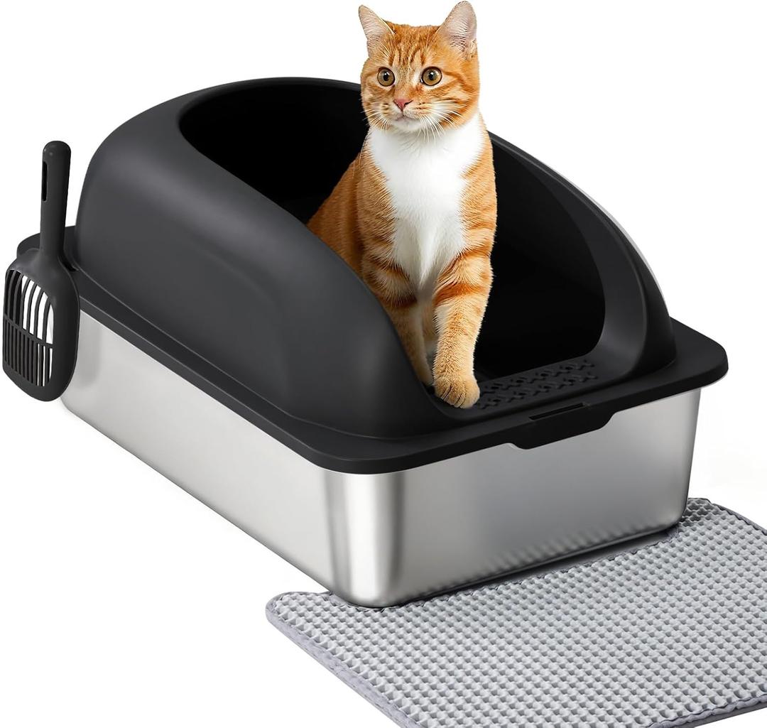 OLIXIS Stainless Steel Cat Litter Box with Lid, Large Cat Litter Box for Big Cats, High Wall Sides, Anti-Urine Leakage, Easy Cleaning, Scoop and Mat Included, Black