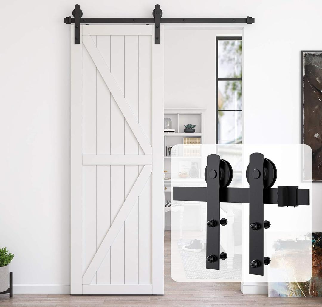 5ft Heavy Duty Sturdy Sliding Barn Door Hardware Kit for Single Door, Easy to Install and Reusable - Fit 1 3/8-1 3/4" Thickness & 30" Wide Door Panel, Black (I Shape Hanger)