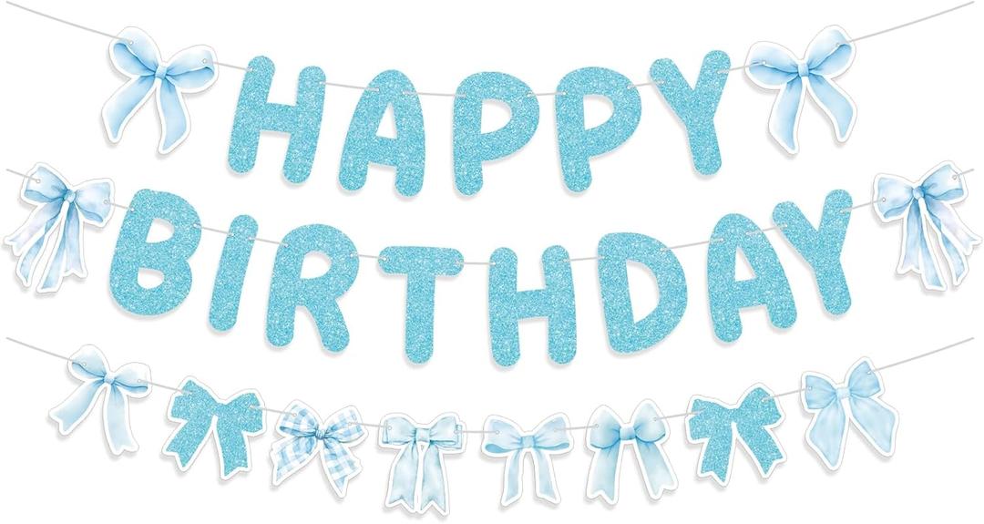 Blue Bow Happy Birthday Banner for Coquette Party Decorations Pre-Strung Glitter Bow Garland Bunting for Girls Party Decor Favor Supplies