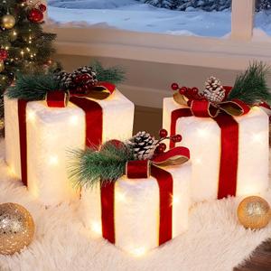 Set of 3 Lighted Gift Boxes, Indoor Christmas Decor with 60 LED Soft White String Lights, Present Boxes with Red Tinsel, Plush Ornaments for Christmas Tree Holiday Porch Mantel Decor