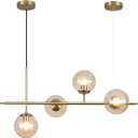 KCO Lighting Globe Linear Chandelier 6 Light Amber Glass Pendant Light Fixture Gold Kitchen Island Lighting Long Brass Sputnik Chandelier Dining Room Light Fixtures Over Table
