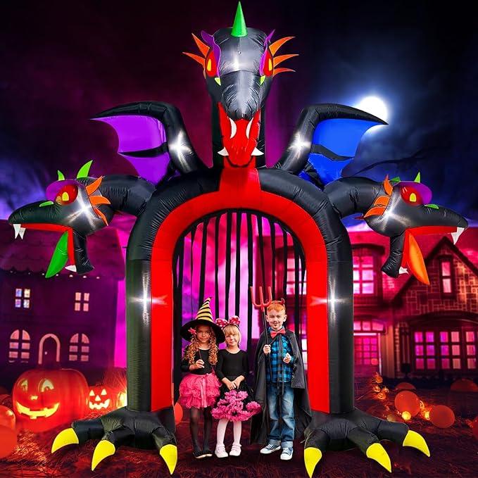 Lorvain 10ft Halloween Inflatable Arch for Outdoor Decoration, Halloween Three-Headed Dragon with Wings, Large Claws, Built-in LED Lights for Home Yard Decor