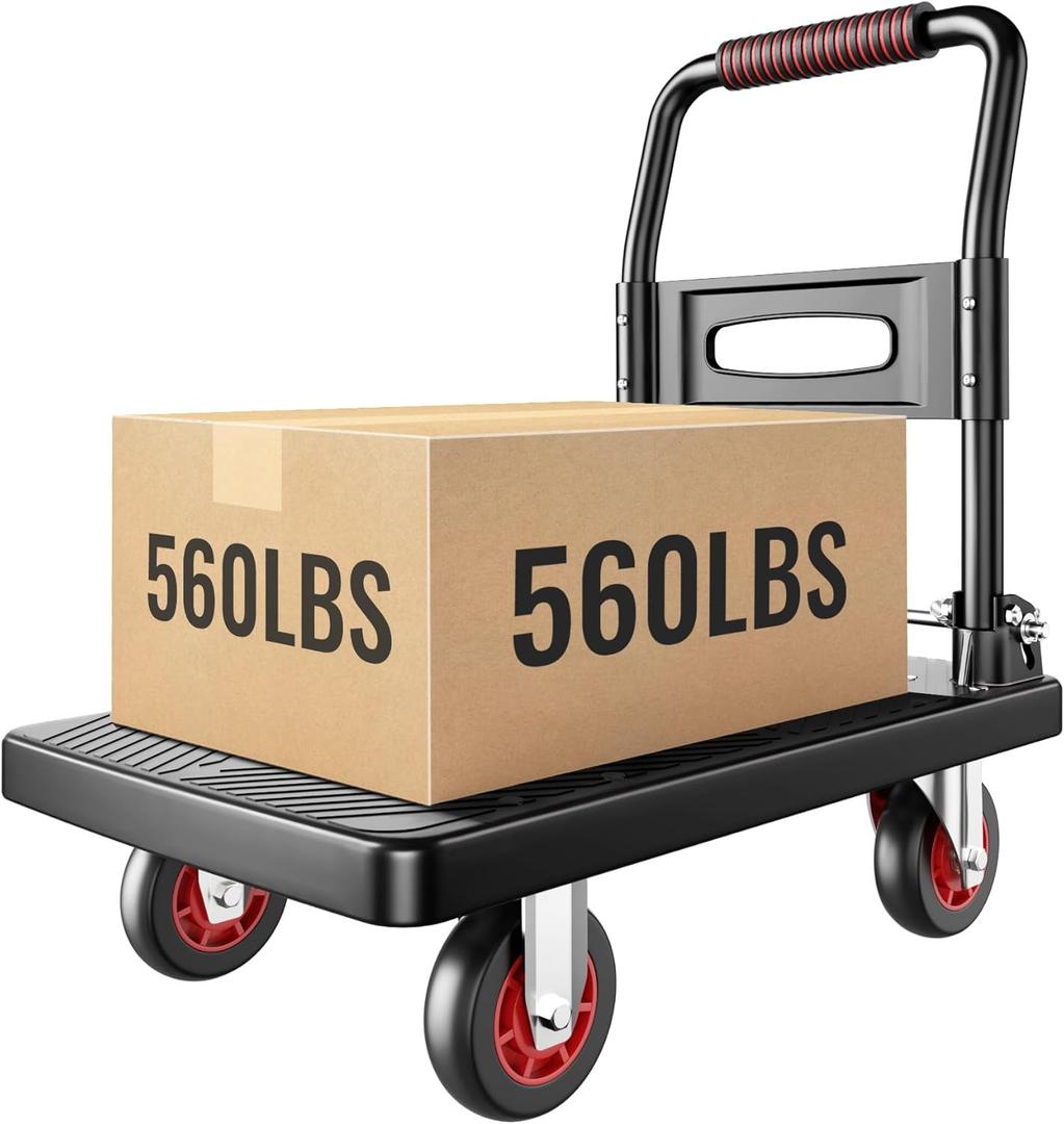 Upgraded Foldable Push Cart Dolly,560 lbs. Capacity Moving Platform Hand Truck,Heavy Duty Space Saving Collapsible,4 TPR 360-Degree Silent Wheels,2 Swivel Wheels and 2 Fixed Wheels(Red Wheel)