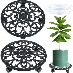 2 Packs 14 Inch Rolling Plant Stand with Wheels Metal Plant Caddy with Wheels Heavy Duty Round Plant Stand Indoor Iron Plants Rollers for Plants, Plant Dolly with Plant Saucers (black)