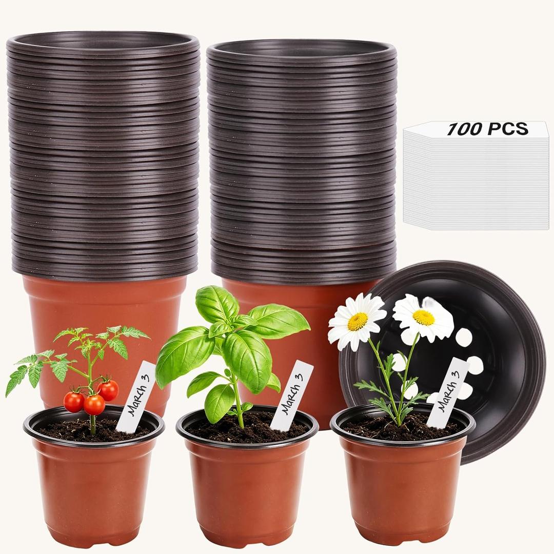 STARSIDE 100 Pack 4 Inch Nursery Pots, Durable Plastic Plant Pots for Seedlings, Seed Starter Pots with Drainage Holes, Come with 100 Plant Labels for Vegetables, Flowers, and Succulent Cuttings