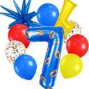 40-inch Red, Blue and Yellow Number large Balloons with Exploding Stars and Lightning, Cartoon Hedgehog Birthday Decorations, Video Game Themed Balloons for Boys Birthday Party (Number 7)