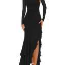 BORIFLORS Women's Bodycon Ruched Mesh Long Sleeve Maxi Dress Mermaid Ruffle Formal Cocktail Party Long Dresses, Small, Black