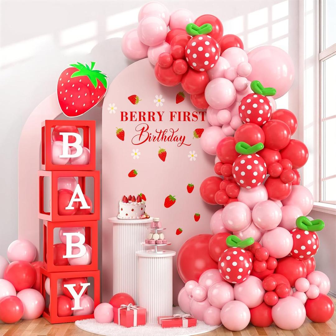 SNLN Strawberry Baby Shower Decorations, A Berry Sweet Baby Is On The Way Party Supplies Pink and Red Balloon Arch Baby Boxes, Baby Shower Decorations for Girl Gender Reveal Berry First Birthday Decor