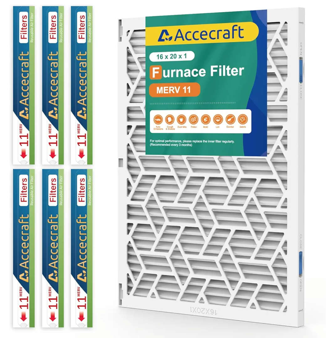 16x20x1 Air Filter MERV 11, Advanced Dust Defense,Cost-effective,1 Reusable ABS Frame + 6 Pack Replaceable, Quality Furnace Filter Media for AC & Furnace Applications（1 Frame+6 Filter）