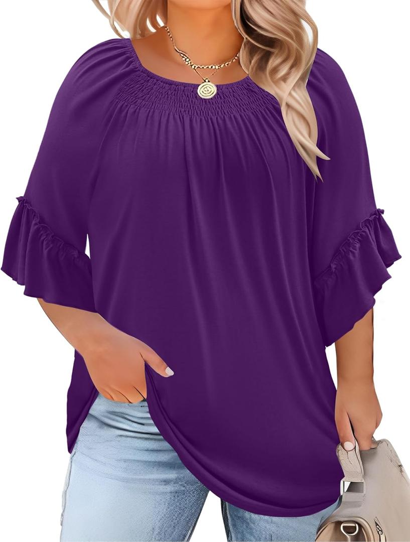 Micoson Womens Plus Size Tops 3/4 Ruffle Sleeve Shirts Crewneck Pleated Blouses Dressy Casual Fashion Tunic Top, 2XL