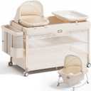 Pamo Babe 6-in-1 Pack and Play with Bassinet One-Step Setup Baby Bassinet, Portable Playard, Travel Crib with Mattress, Changing Table, Storage Bag & 4 Wheels Travel Playpen for Baby (Beige)