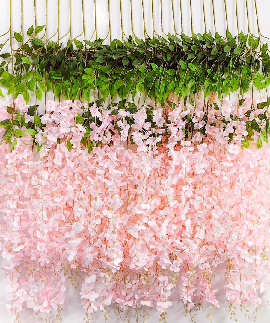 Wisteria Hanging Flowers 12 Pack Artificial Flowers Fake Wisteria Vine Rattan Hanging Garland Silk Flowers String for Party Home Wall Greenery Wedding Decor (Light Pink)