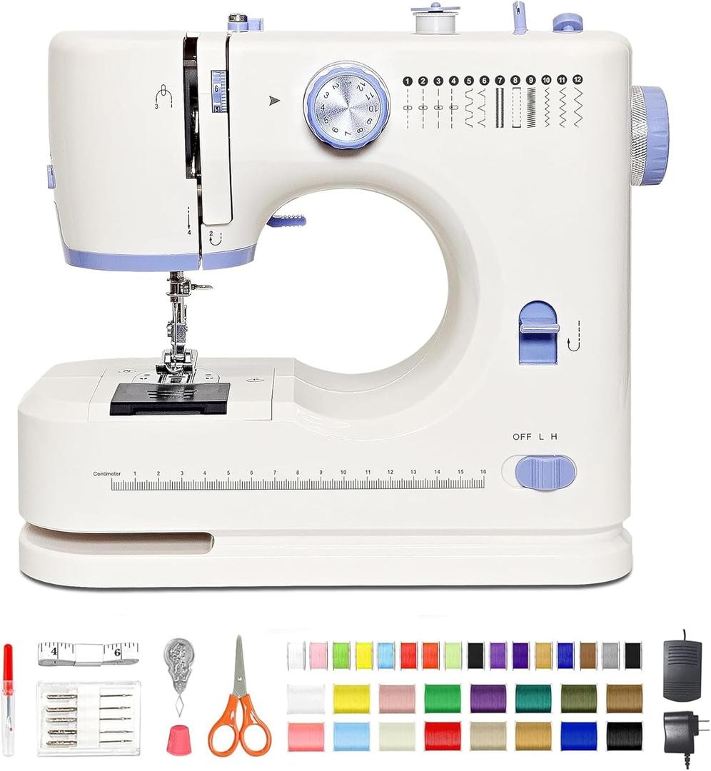 Sewing Machine for Beginners with 42 Pcs Sewing Threads Kit,Portable Sewing Machine with 12 Built-in Stitches,2 Speed(High-Low Speeds) Sewing machine for adults, White Blue (one size)