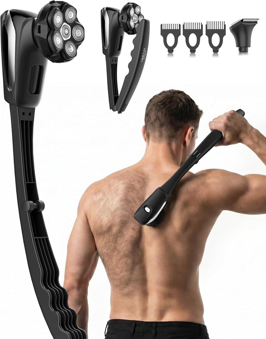 Electric Back Shaver for Men, Long Handle for Easy Self Grooming, 6D Floating Head Back Hair Trimmer for Close, Contour-Fit Shaving, 2-in-1 Full Body Shaver, LED Display, IPX6 Waterproof, Silver Black
