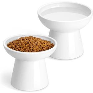 vancasso Elevated Cat Bowls 2-Pack, Ceramic Raised Cat Food and Water Dishes with 5.1" Height & 6.2" Wide Opening - Anti Vomit, Whisker Fatigue Relief for Senior Cats, and Small Dogs (White)