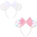 DRESHOW Mouse Ears Headbands for Women Plain White Pearl Mickey Ears Hairbands Bow Head Bands Velvet Head Band Cosplay Costume Princess Party Decorations Disney Trip (2 Pcs: White, Grey-pink)