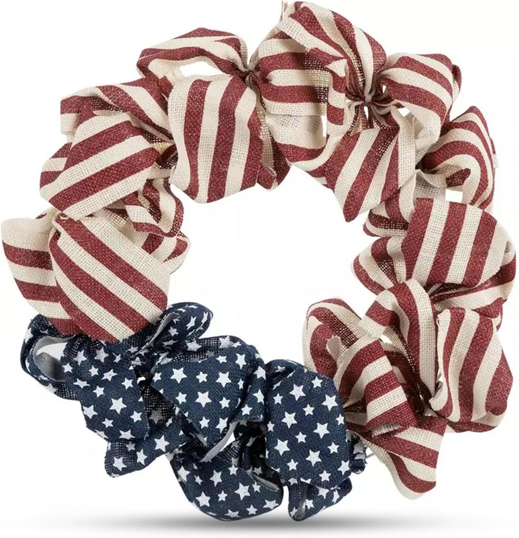 Vintage Burlap & Metal American Flag Wreath – Indoor/Outdoor Patriotic Wreath w/Hanging Loop & Rope – Round Scrunched 4th of July Wreaths for Front Door, Wall, or Window Display,
3"D x 17.5"W x 17.5"H