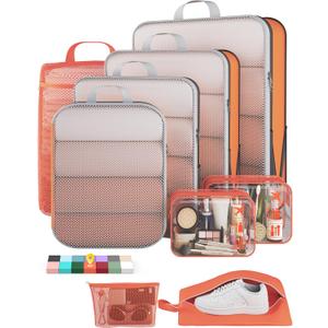 Veken 9/11 Set Compression Packing Cubes for Travel Essentials,Compressible Expandable Large Luggage Suitcase Organizer Bags for Clothing,Durable Space Saver Storage Bags with Toiletry Bags(Orange)