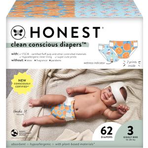 The Honest Company Clean Conscious Diapers for Sensitive Skin | Hypoallergenic, Fragrance Free | Gender Neutral Prints | Club Box, Size 3 (16-28 lbs), 62 Count (Orange You Cute + Feeling Nauti)