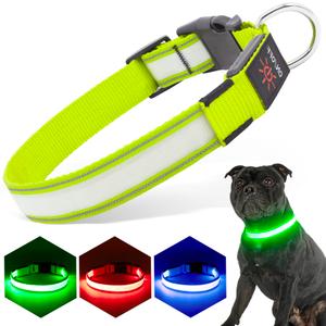 PZRLit LED Light Up Dog Collars Micro USB Rechargeable Waterproof, Full Adjustable Lighted Glow Dark Dog Collar Light for Night Walking for Small Medium Large Dogs, Green