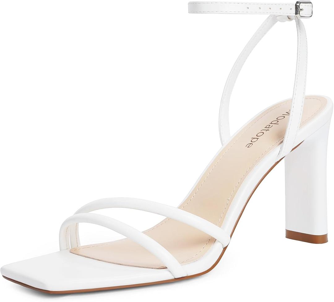 Modatope Womens Sandals Square Open Toe Chunky High Heels Strappy Ankle Strap Sandals Comfort Dress Party Shoes (White, 8.5)
