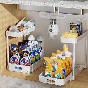 Delamu 2 Pack Under Sink Organizers and Storage, 2 Tier Pull Out Bathroom Cabinet Organizer, L-Shape White Under Bathroom Kitchen Sink Organizer with Drawer for Under Sink Storage Organizer