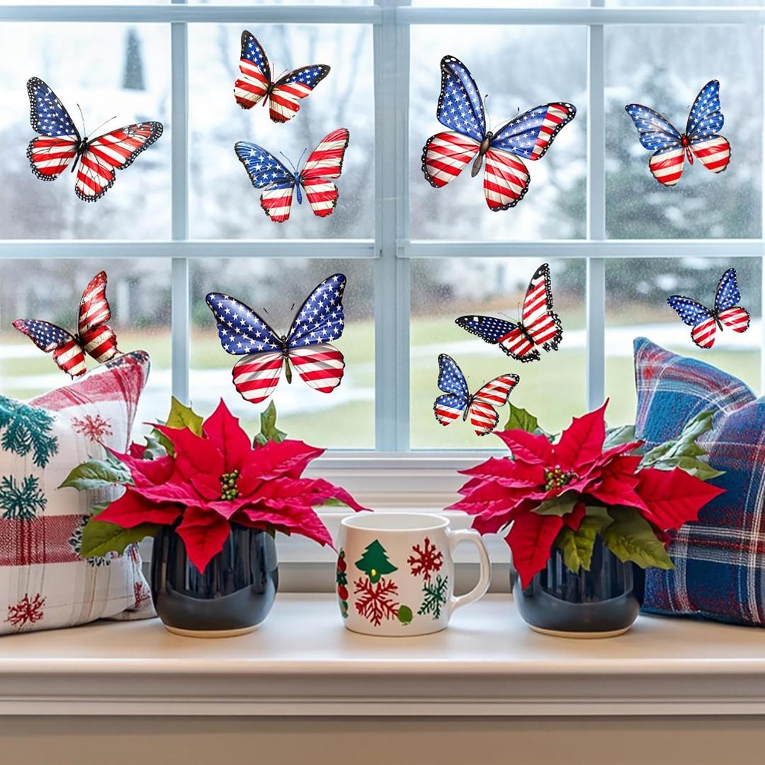 Patriotic Window Clings 4th of July Red White Blue USA Flag Butterfly Reusable Window Glass Decals for Independence Day Memorial Day Home Party Decor