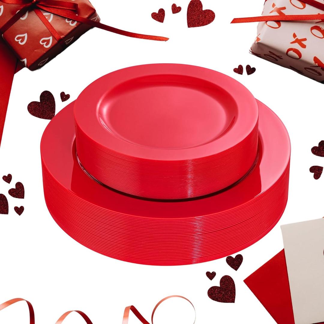 FLOWERCAT 60PCS Red Plastic Plates - Heavy Duty Red Plates Disposable for Party - Include 30PCS 10.25inch and 30PCS 7.5inch for 30 guests Birthday Party & Valentine's Day &Events