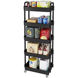 Laiensia Multifunction Utility Rolling Cart, 5-Tier Plastic & Metal Storage Organizer, Black, Lockable Wheels, Modern Style, Indoor Use