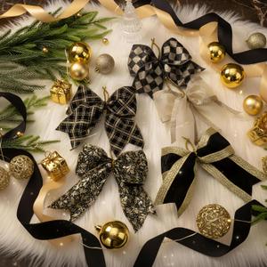 25 Pcs Burlap Christmas Bows Decoration 5.9 Inch Christmas Tree Rustic Ornament Natural Burlap Ribbon Bow Knot for Xmas Tree Wreath Holiday Party Decorations (Black and Gold)