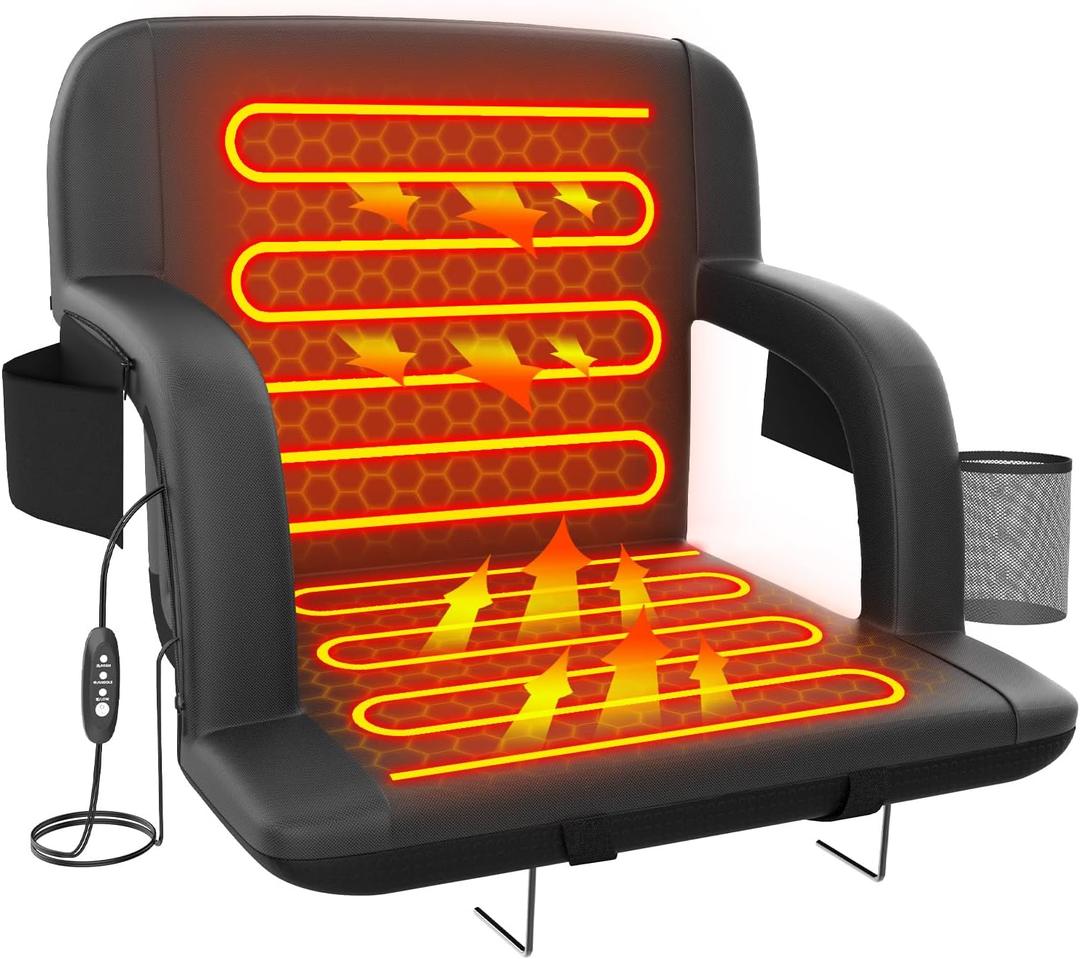 Suteck Dual-Side Heated Stadium Seats with Back Support, Wide Portable Stadium Chair, Foldable Bleacher Chair W/USB 3-Level Heating, 5 Storage Pockets for Outdoor Bleachers Camping Games (1pcs Black)
