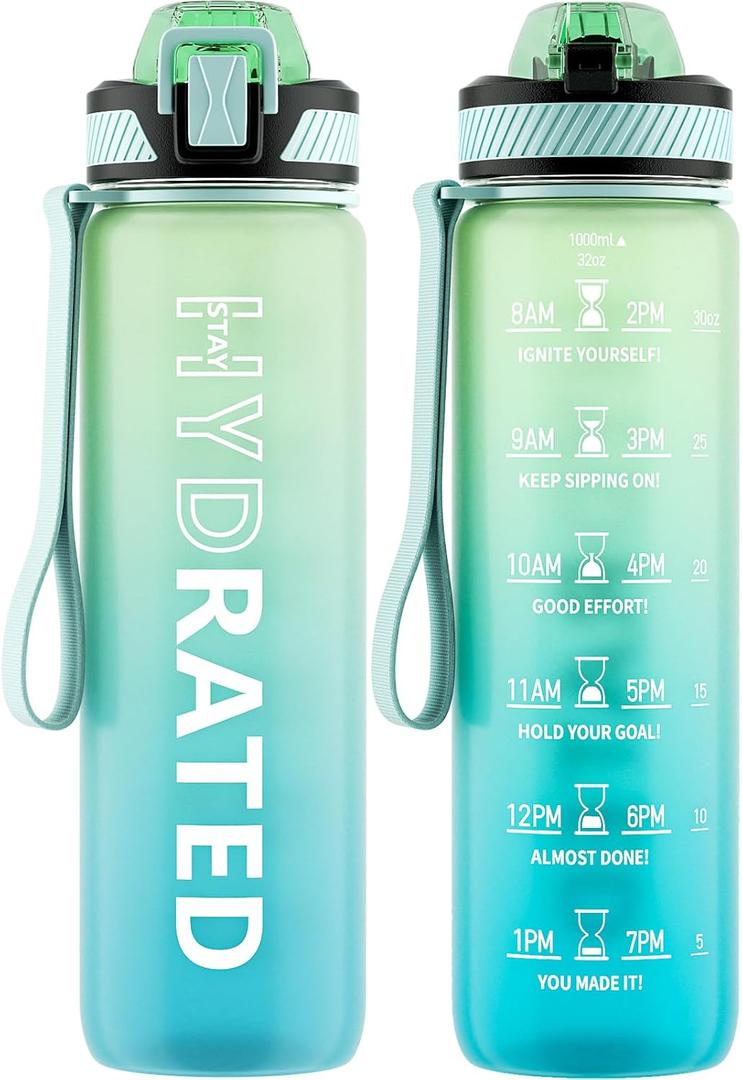 Water Bottle with Straw, 32oz Motivational Water Bottles with Time Marker to Drink, Tritan BPA Free, 1L Sports Water Bottle with Carry Strap LeakProof for Women Gym Fitness Outdoor (1 Pack) (Green Mint)