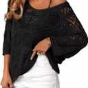 Beautiful Nomad Women's Summer Crochet Pullover Sweater Hollow Out 3/4 Sleeve Off Shoulder Boho Cover Up Tops Black (Black), Medium